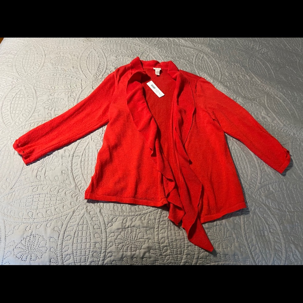 Chico’s Red Cardigan Rushed 3/4 Sleeves Size 2 NWT